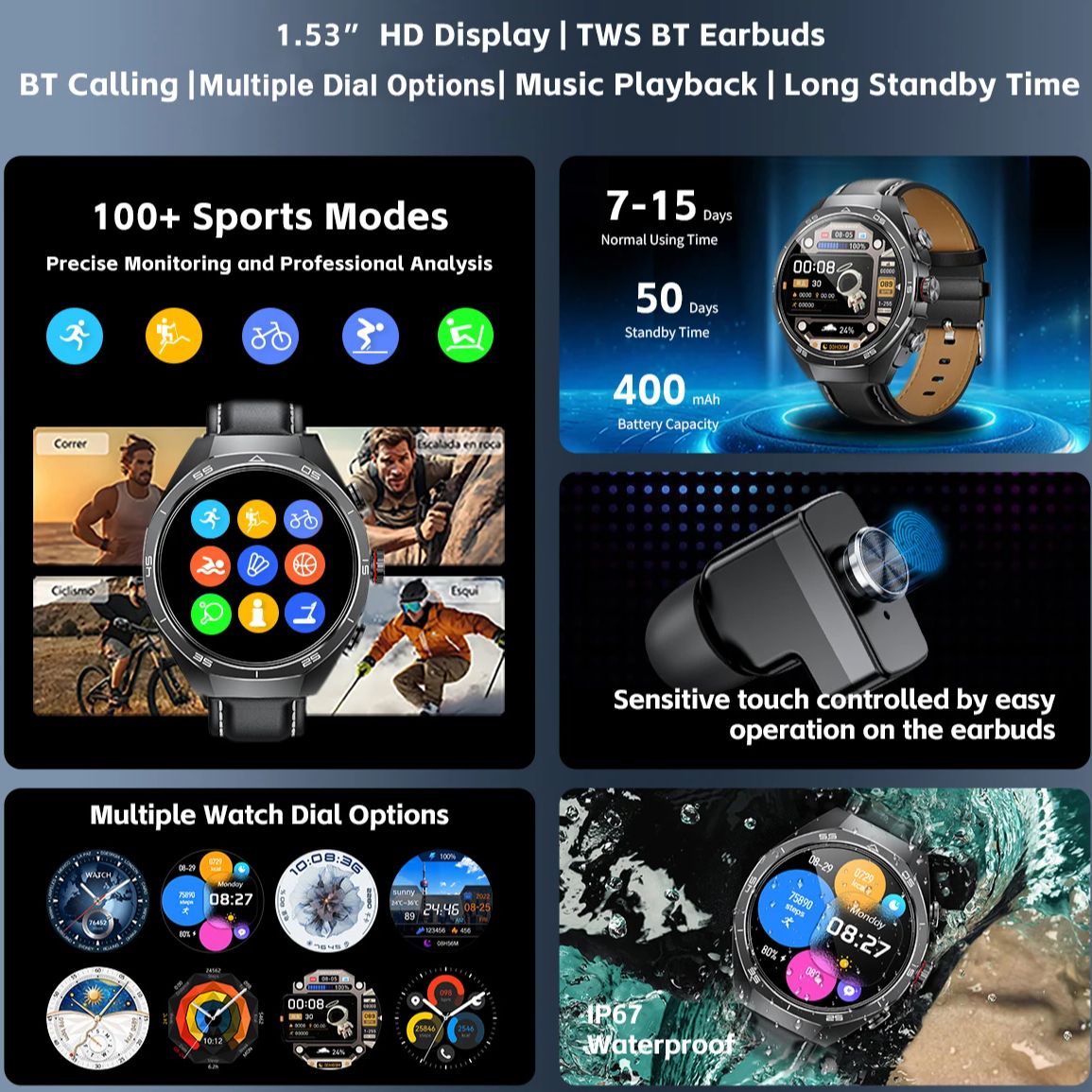 NFCヘッドセットスマートウォッチ2in1 TWSワイヤレス - Sports Earphone Hook のレビューと価格